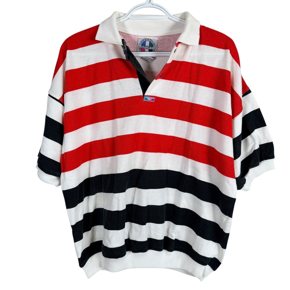 Vintage Jordache Sport Polo Shirt Snaps Mens L Red White Black Striped 80s 90s